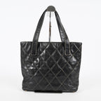 Chanel Wild Stitch Tote Bag Black Calfskin Leather CC Logo Used 07E077260010