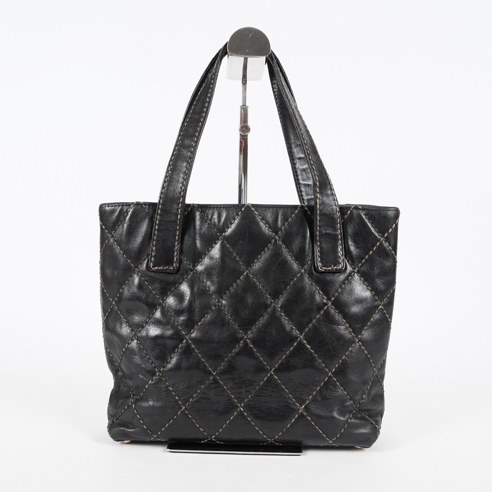 Chanel Wild Stitch Tote Bag Black Calfskin Leather CC Logo Used 07E077260010