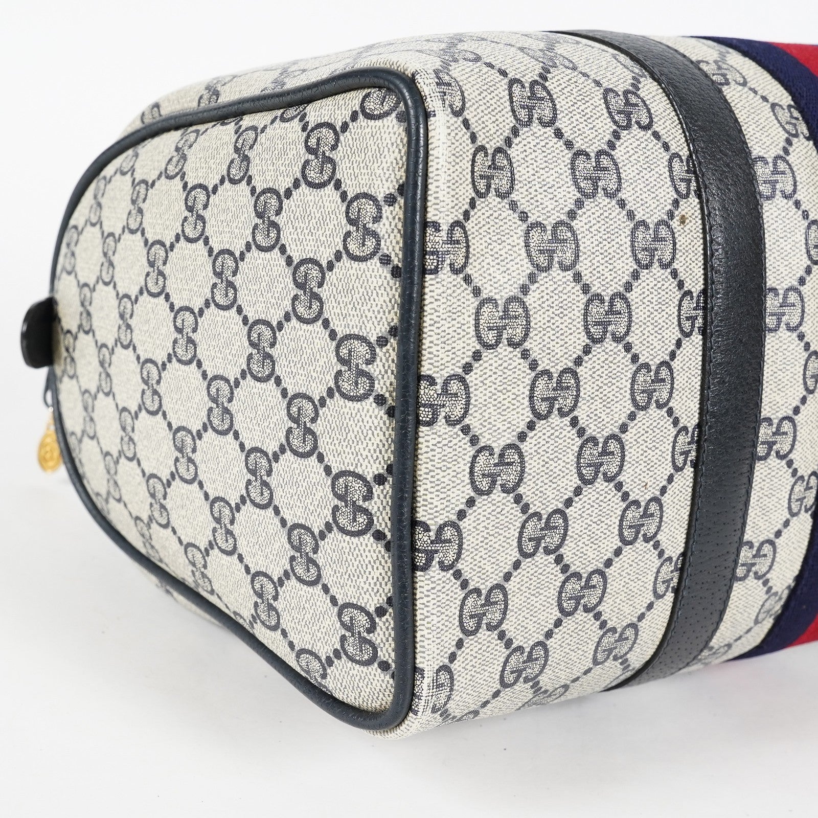 Gucci Vintage GG Supreme Sherry Web Mini Boston Bag Navy Leather 07E043410017