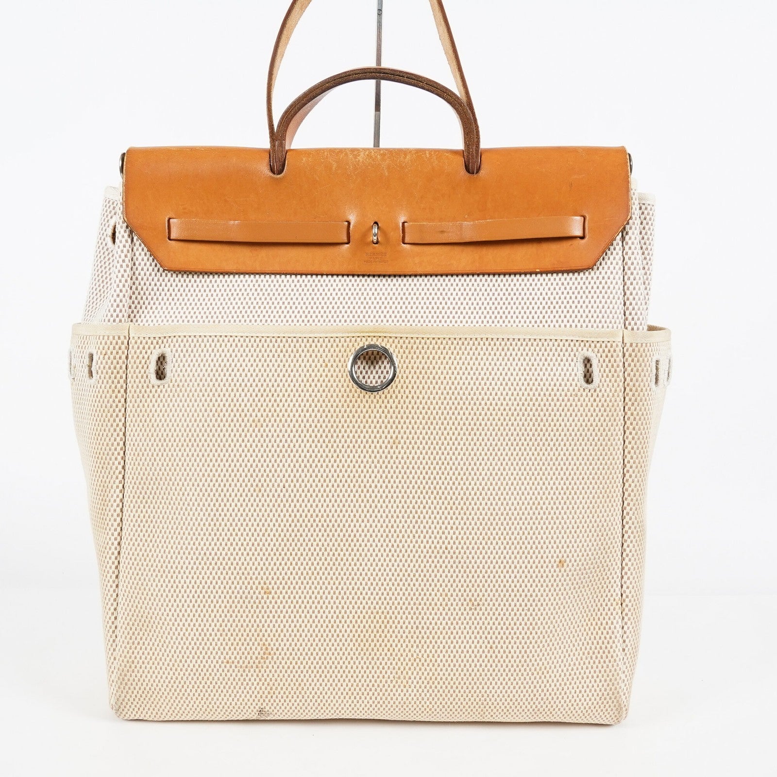 Hermes Herbag MM Toile Canvas Leather Beige 2way Handbag Bag 07E364950012