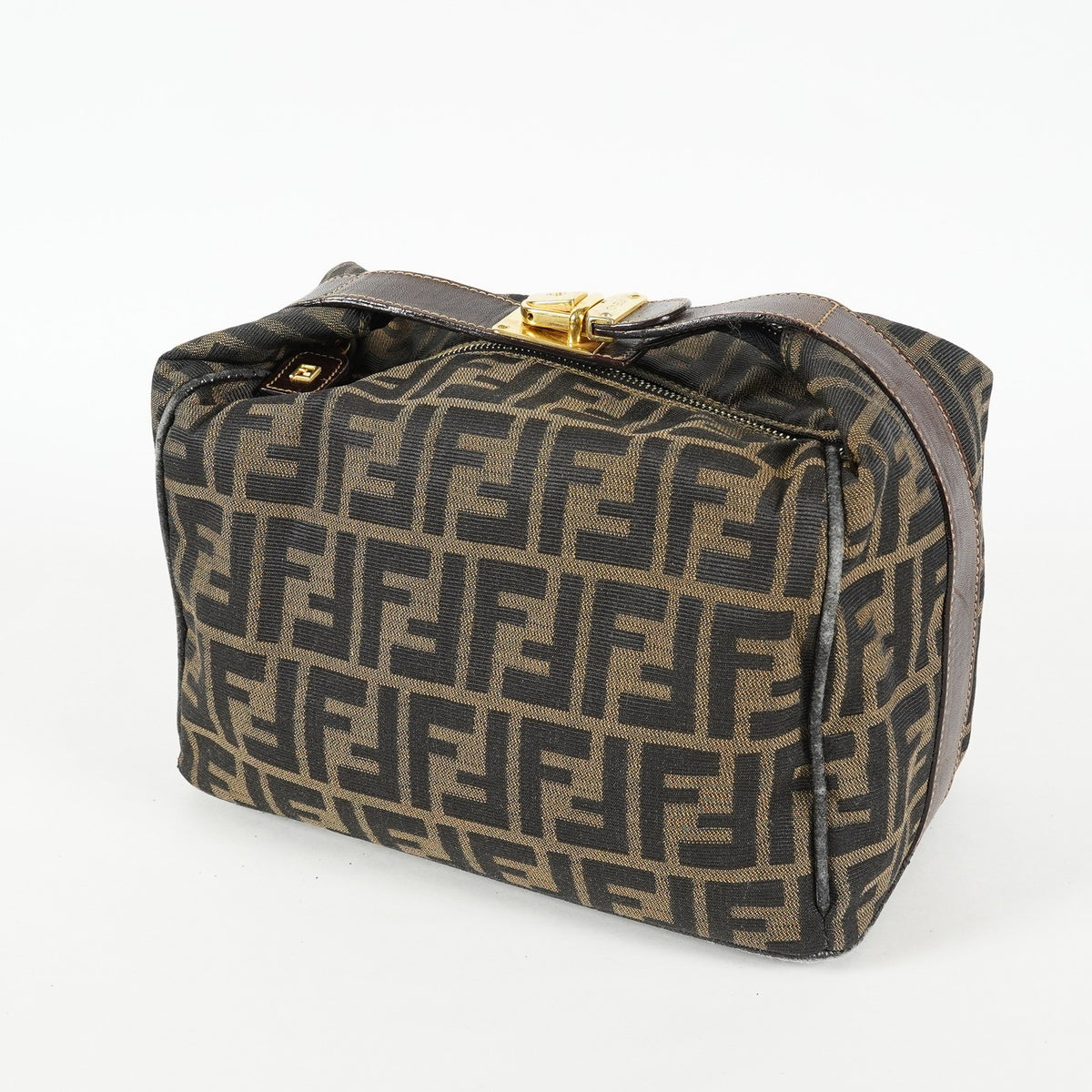 Fendi Zucca Mini Vanity Bag 24cm Brown Canvas Leather Used Auth 09E173410010
