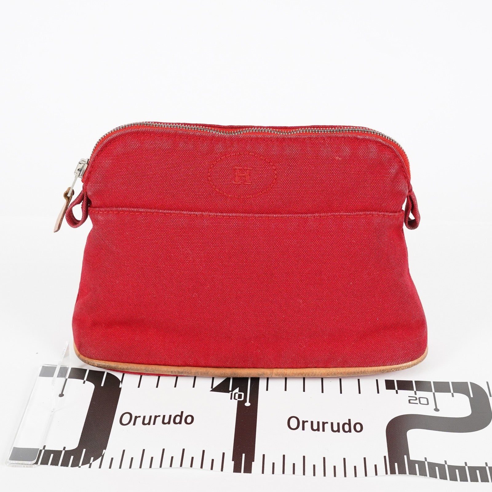 Hermes Bolide Pouch 20 Red Canvas Leather Trim Cosmetic Pouch Used 08E04605008