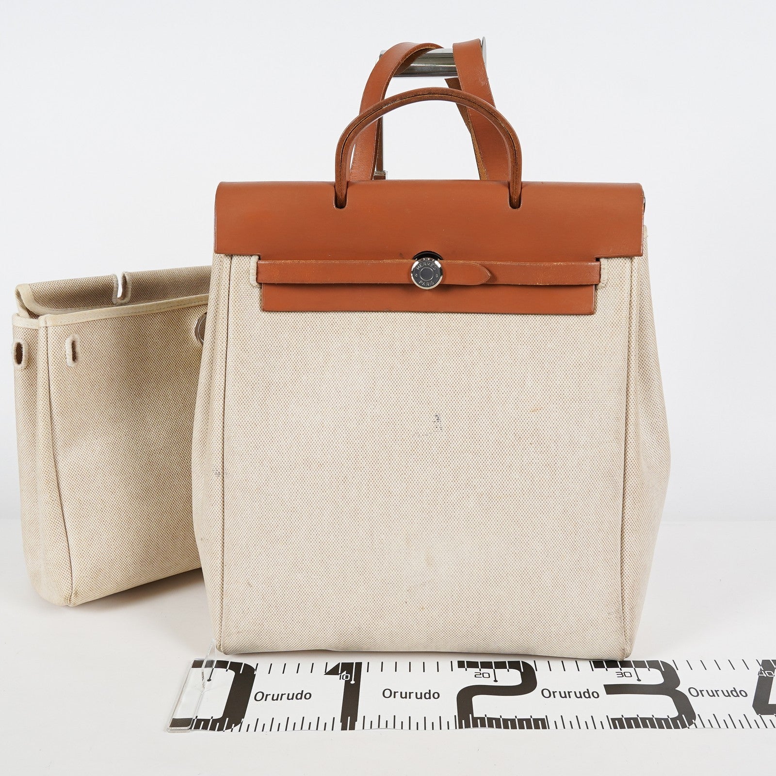 Hermes Herbag Ado PM Used Beige Canvas Brown Leather 2WAY Backpack 07A325834431