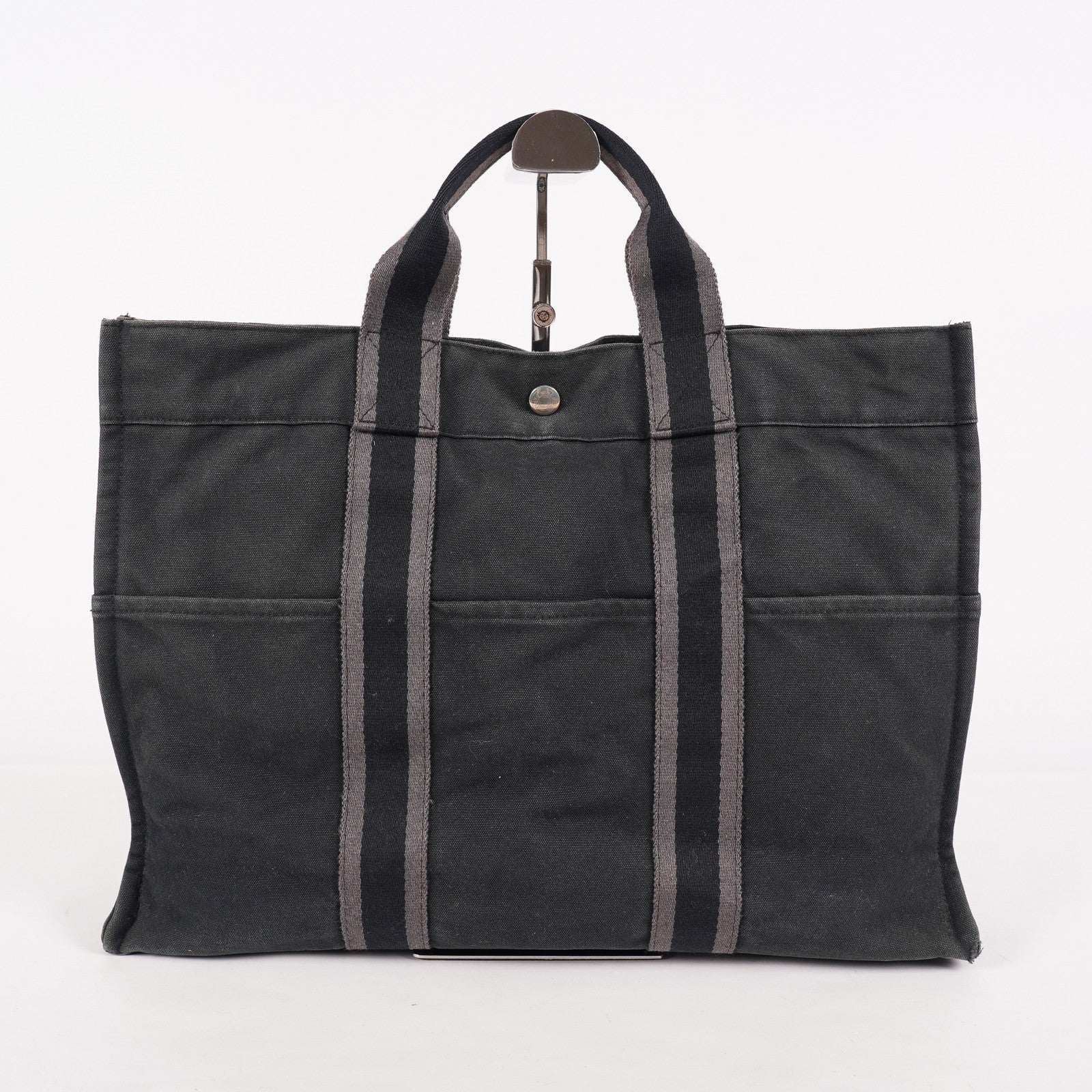 HERMES Fourre-Tout MM Black Canvas Tote Bag Hand Bag Purse Used 07A08605005