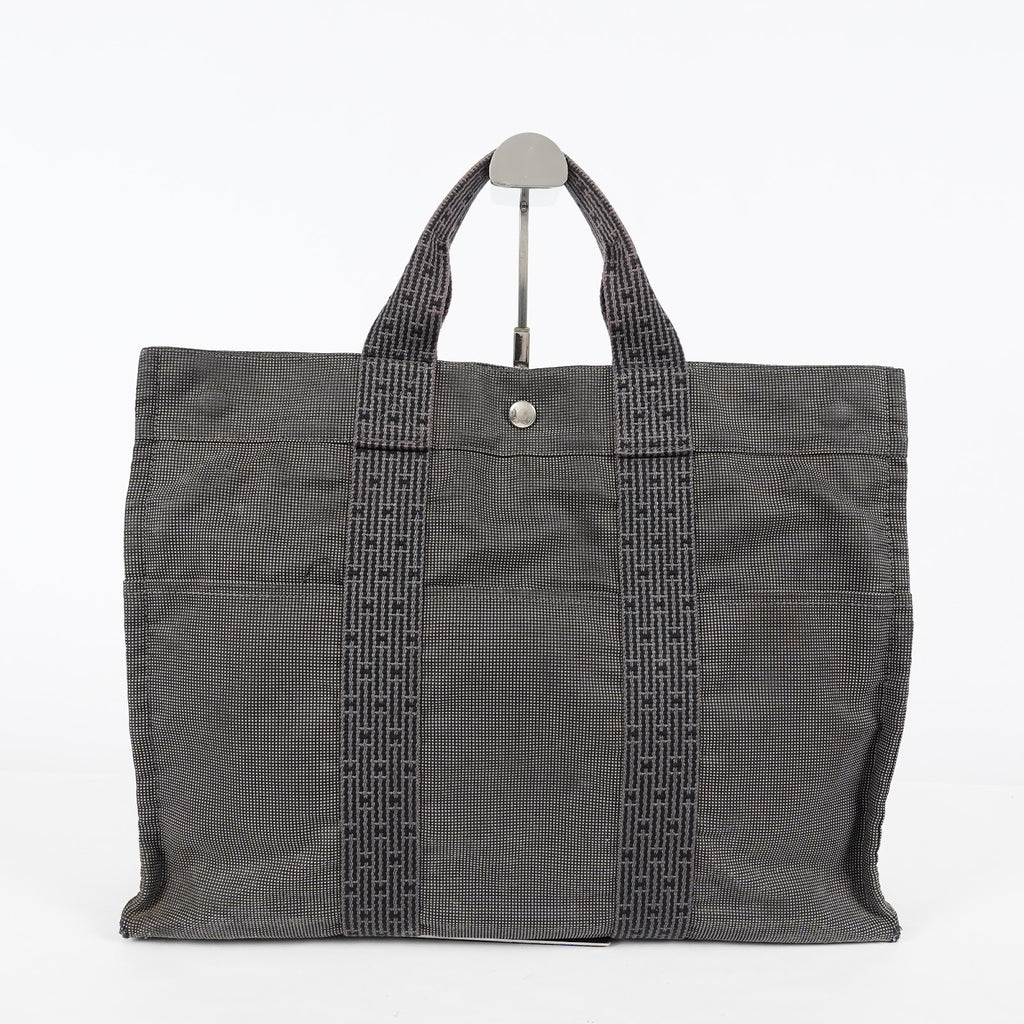 HERMES Herline Tote MM Gray H Pattern Canvas Handbag Authentic 08E35825010