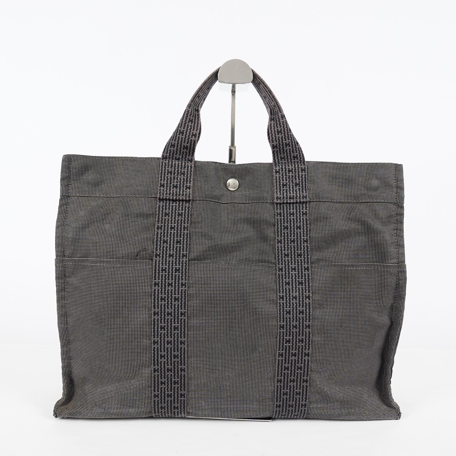 HERMES Herline Tote MM Gray H Pattern Canvas Handbag Authentic 08E35825010