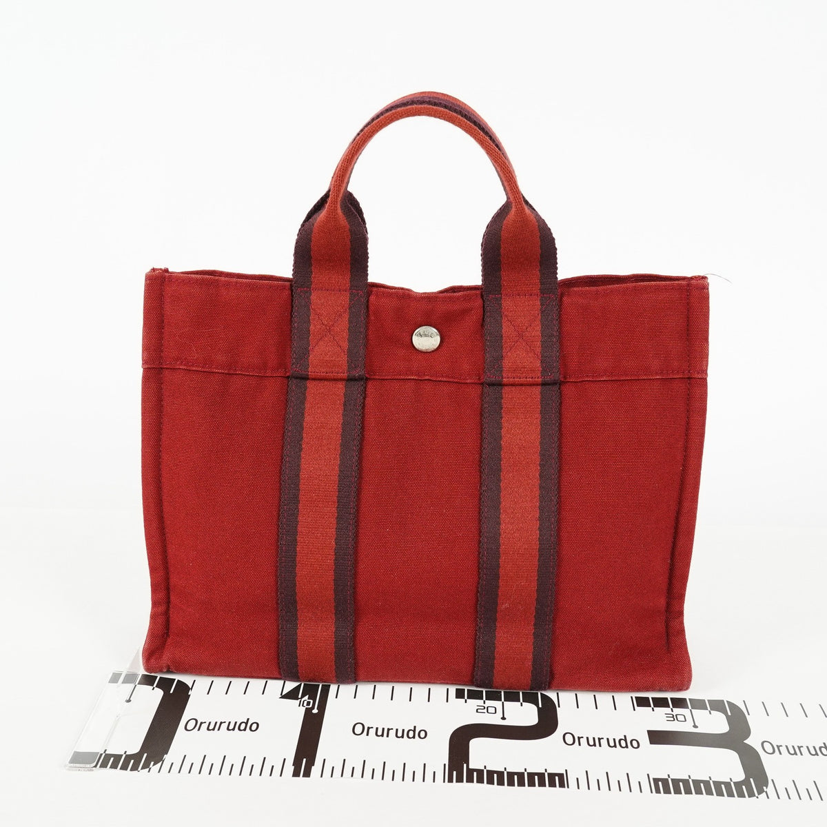 Hermes Fourre-Tout PM Red Canvas Leather Tote Bag Used Vintage 09E05825011