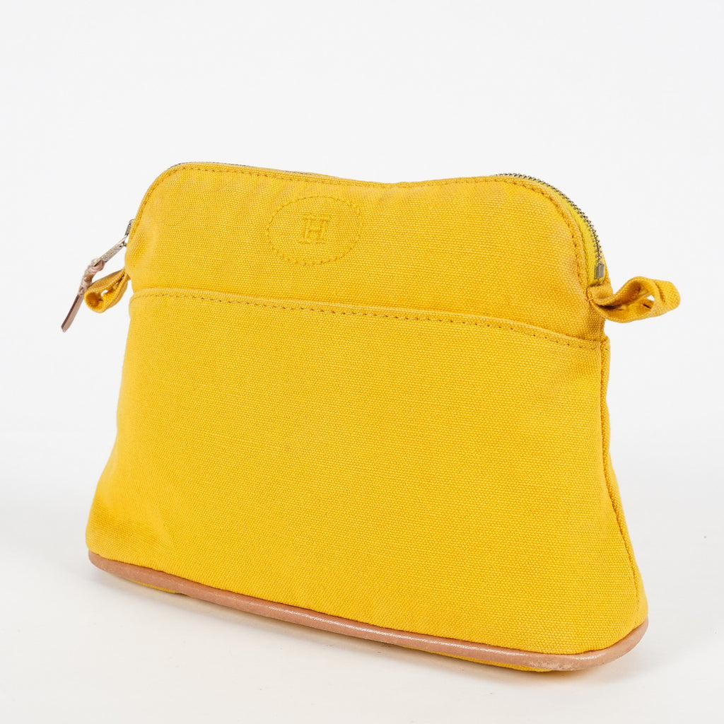 Hermes Bolide Pouch 23 Yellow Canvas Leather Trim Zip Pouch Bag Used 08E33825007