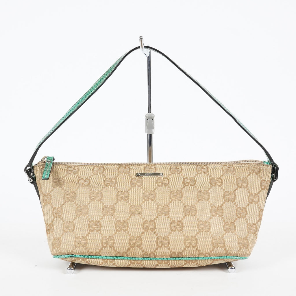 Gucci GG Canvas Boat Pochette Shoulder Bag Beige Green Used Vintage 08E012310002