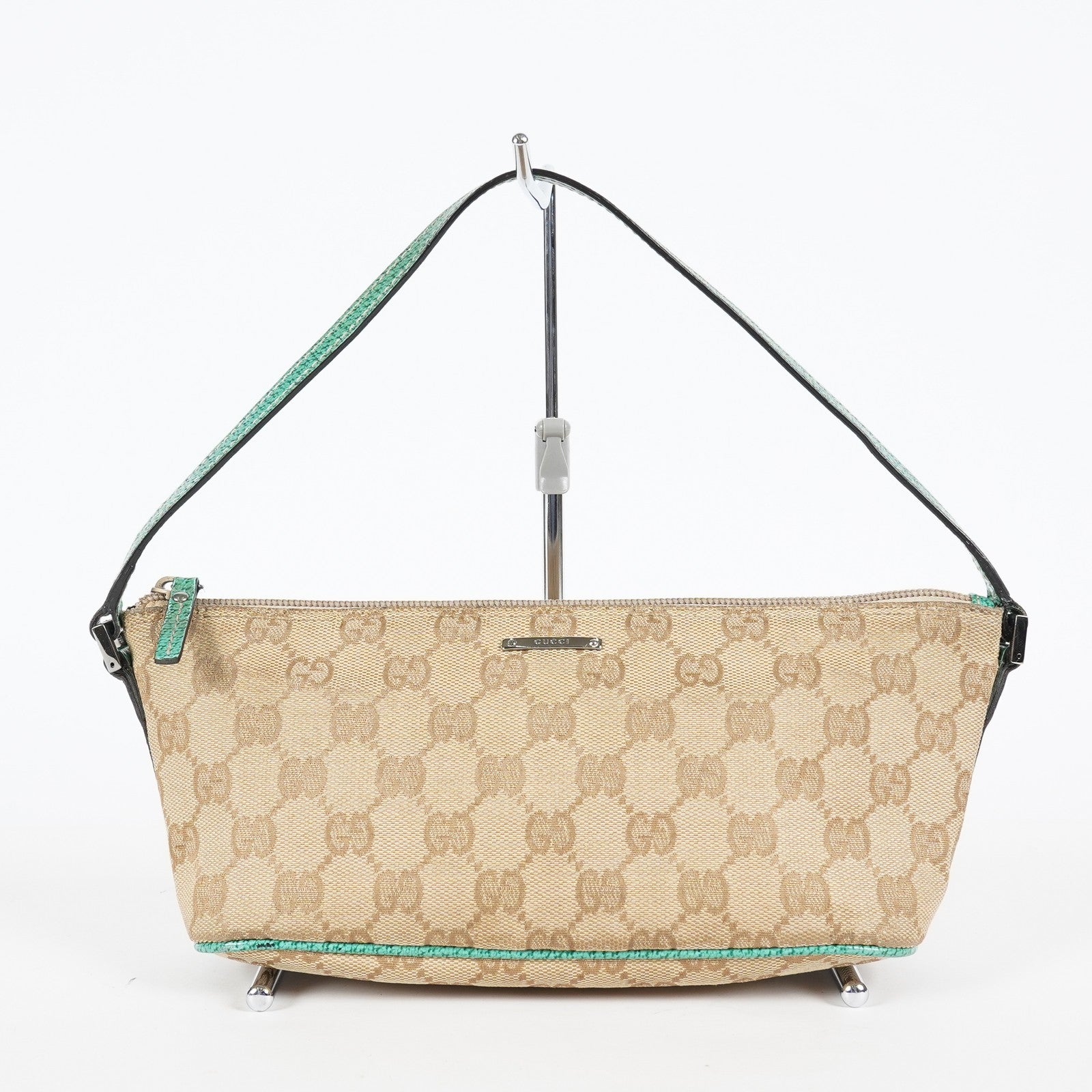 Gucci GG Canvas Boat Pochette Shoulder Bag Beige Green Used Vintage 08E012310002