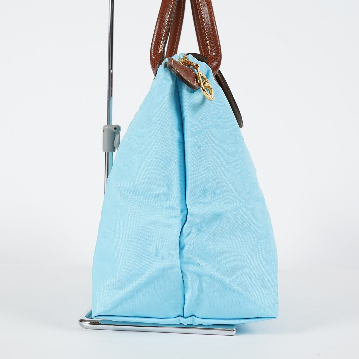 Longchamp Le Pliage Tote Bag Light Blue Nylon Leather Handbag Used XYZ270