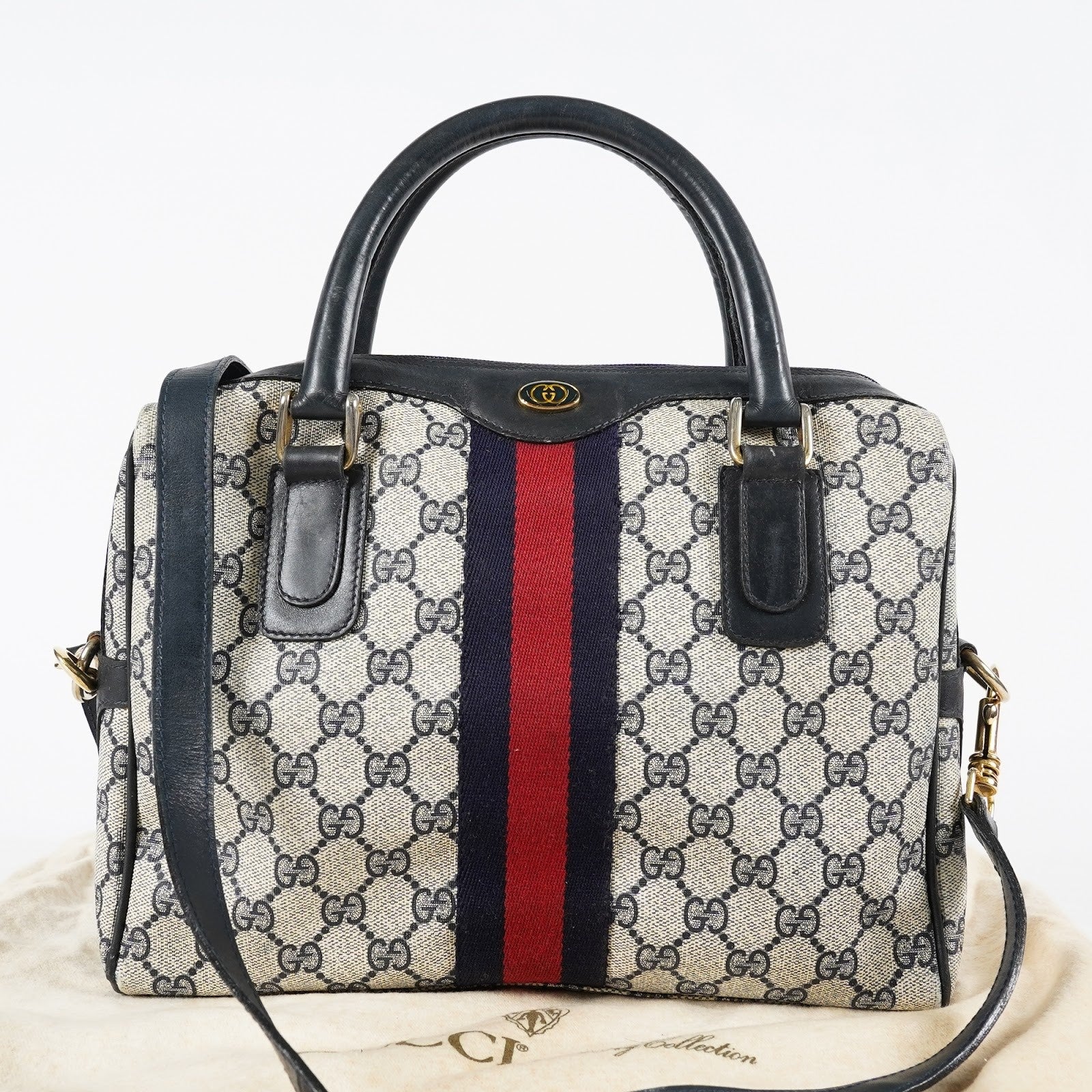 GUCCI Vintage Sherry Line GG Canvas Mini Boston Bag Navy Web 08E393190010