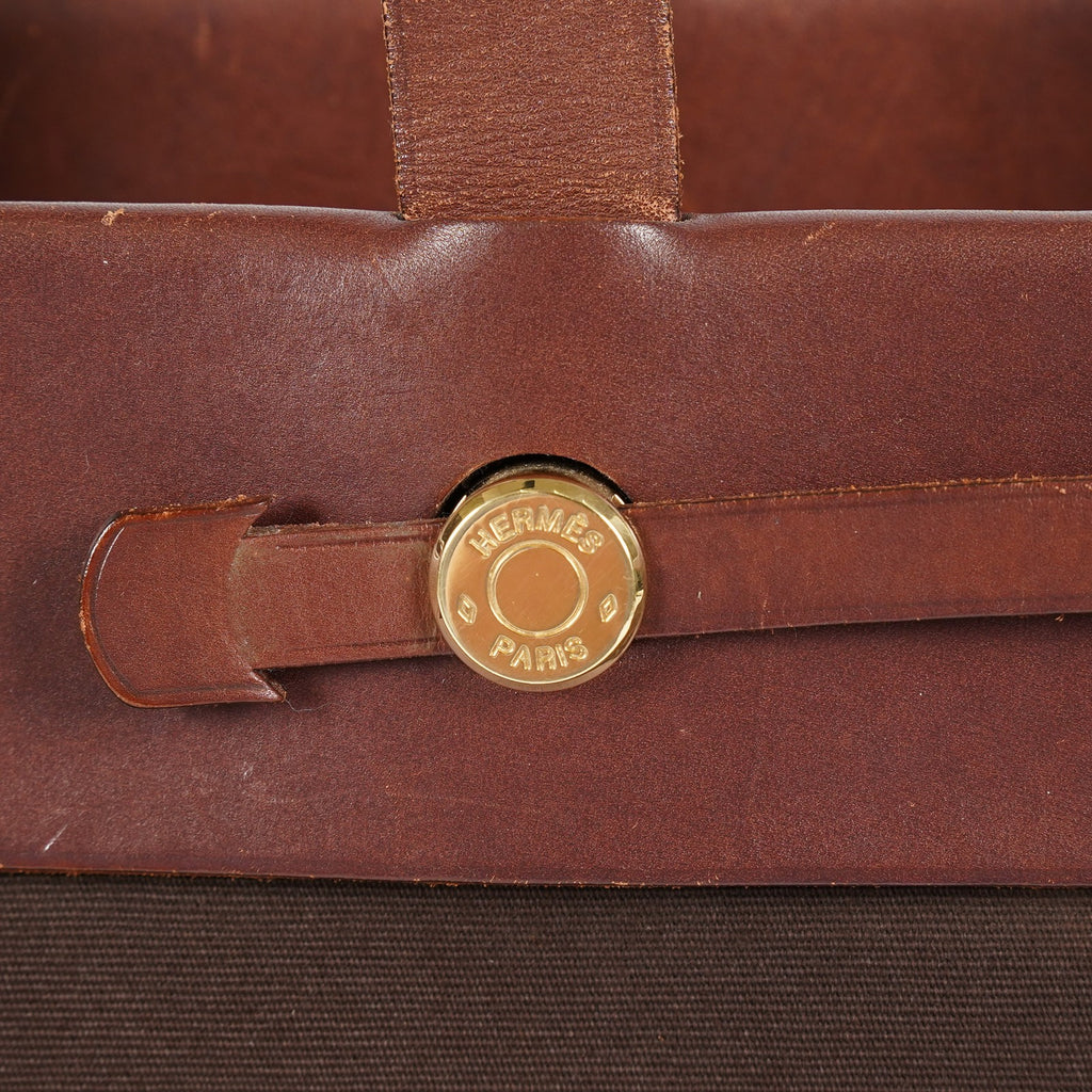 HERMES Herbag Cabas PM Brown Canvas & Leather Tote Bag Used Vintage 07A185720031