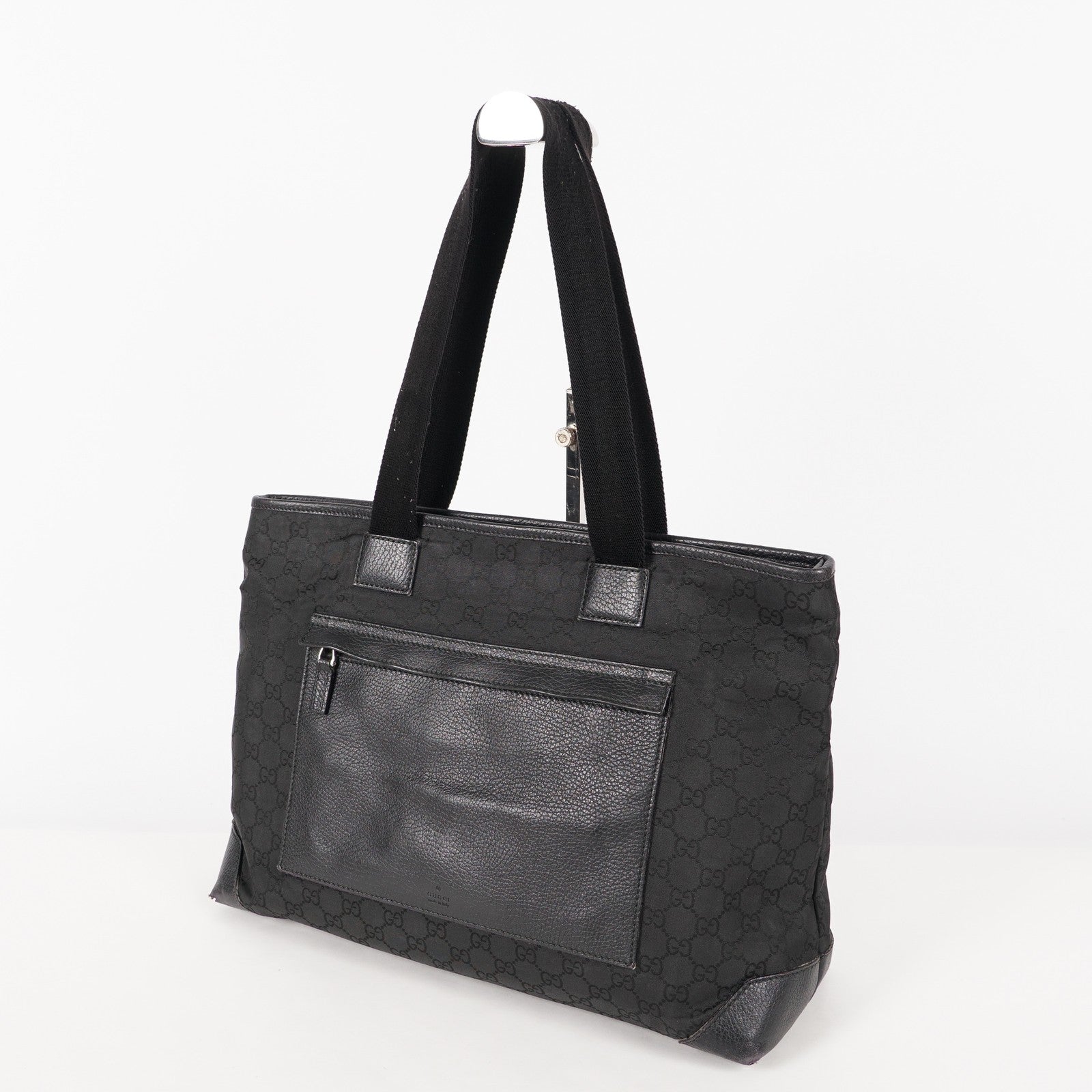 Gucci Black Nylon & Leather Tote Bag Purse With Zipper GG Monogram XY157