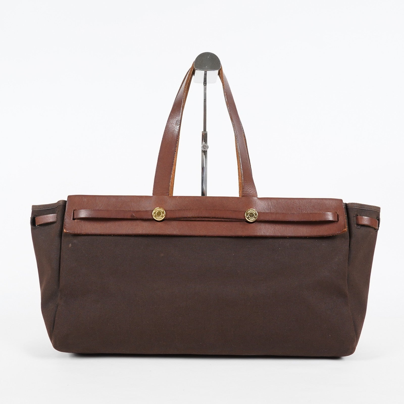 HERMES Herbag Cabas PM Brown Canvas & Leather Tote Bag Used Vintage 07A185720031