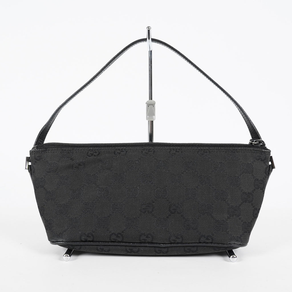 Gucci GG Canvas Boat Pochette 22cm Black Leather Trim Vintage Used 07E022310029