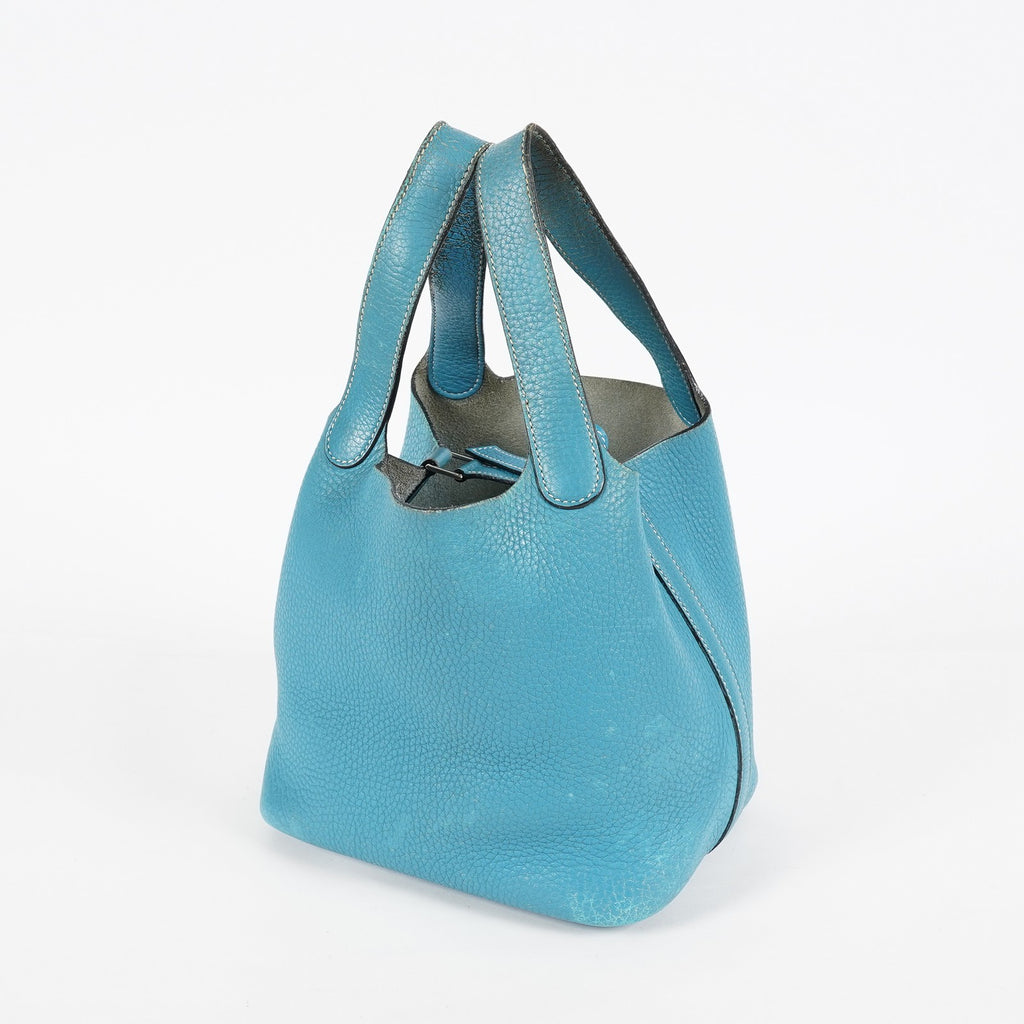 Hermes Picotin PM Hand Bag Blue Leather Silver Hardware Used 07E1018260027