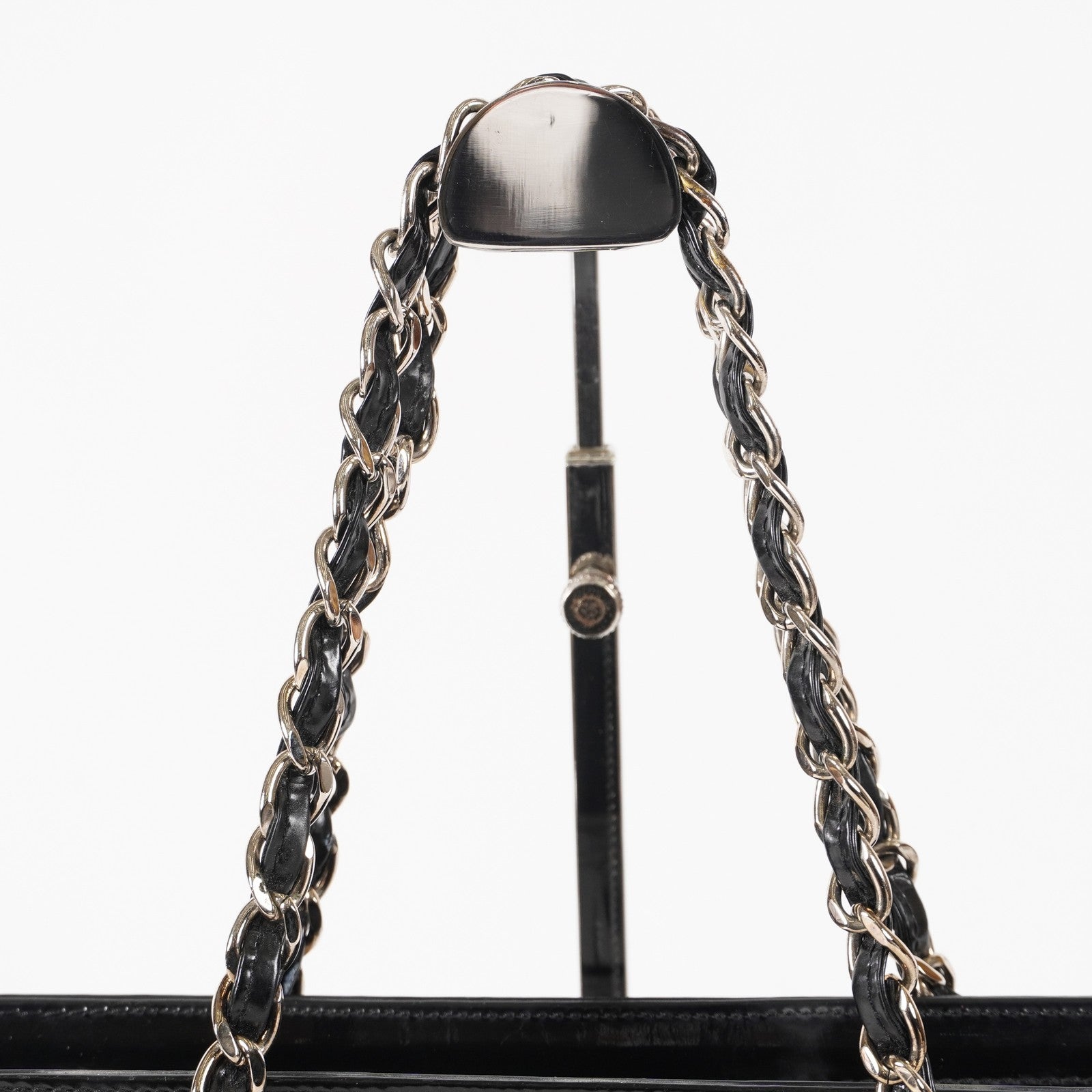CHANEL CC Logo Chain Shoulder Tote Bag Patent Leather Black Vintage 03E255170011