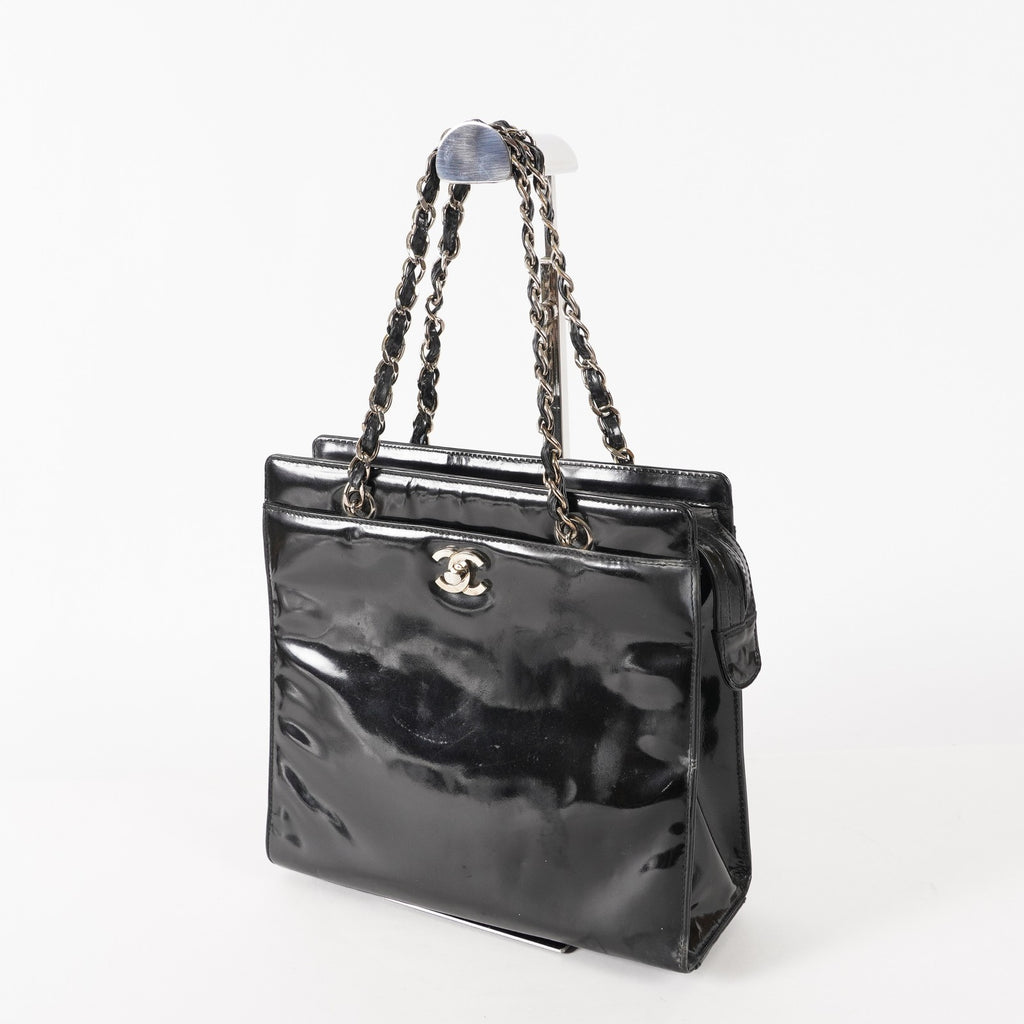 CHANEL CC Logo Chain Shoulder Tote Bag Patent Leather Vintage Black 03E255170011