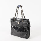 CHANEL CC Logo Chain Shoulder Tote Bag Patent Leather Vintage Black 03E255170011
