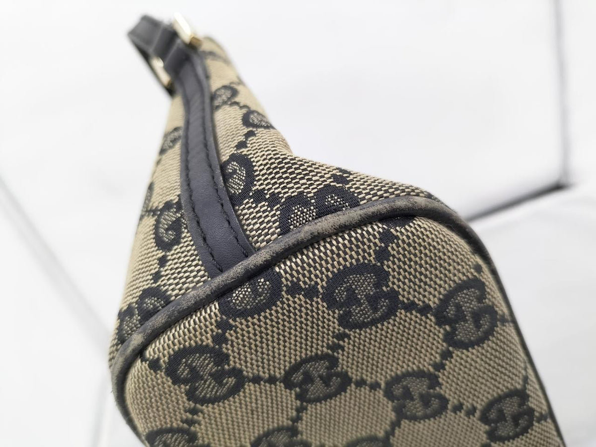 GUCCI GG Canvas Accessory Pouch Beige Black Leather Vintage Handbag 08O102330024