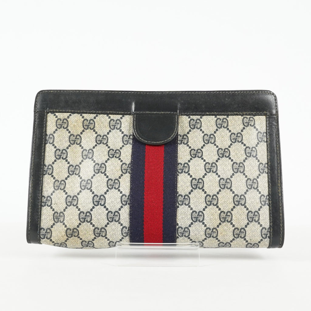 Gucci GG Supreme Clutch Bag 29cm Navy Canvas Leather Used Auth 09E20935010