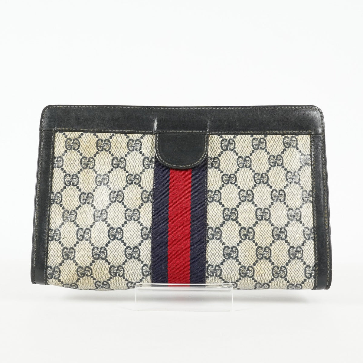 Gucci GG Supreme Clutch Bag 29cm Navy Canvas Leather Used Auth 09E20935010