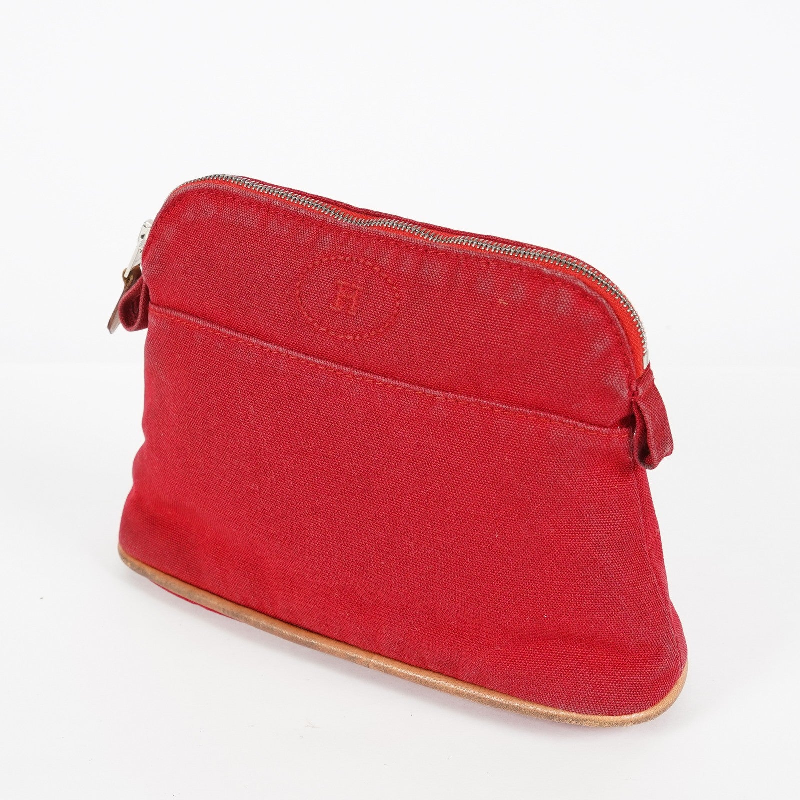 Hermes Bolide Pouch 20 Red Canvas Leather Trim Cosmetic Pouch Used 08E04605008