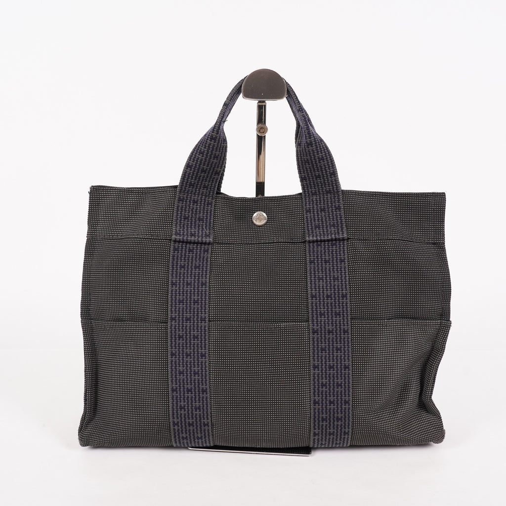Hermes Herline MM Tote Bag Gray Canvas H Logo Used 07E20825001