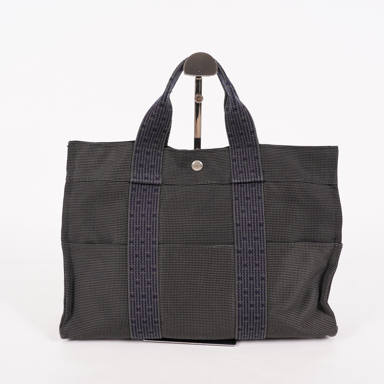 Hermes Herline MM Tote Bag Gray Canvas H Logo Used 07E20825001