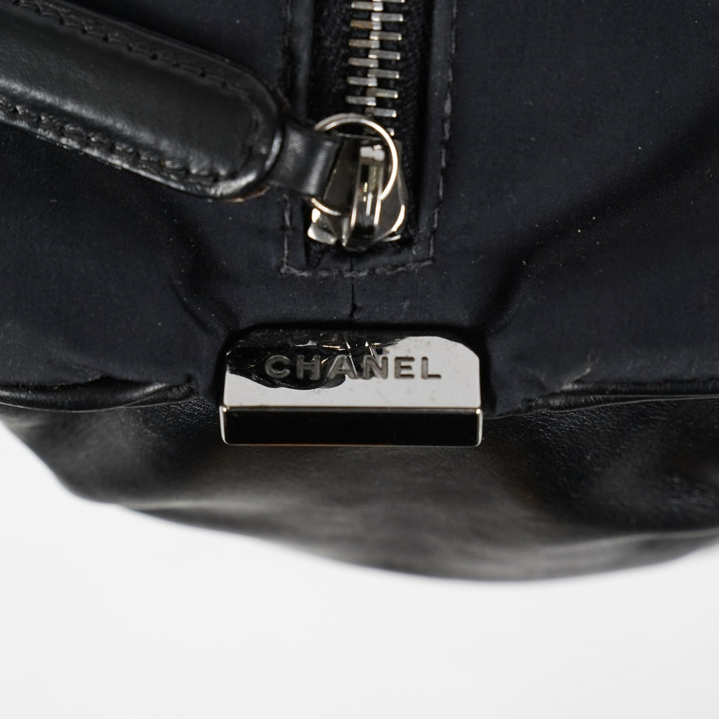 CHANEL Chocolate Bar Nylon Mini Boston Handbag Black Silver HW Used 07E314180008