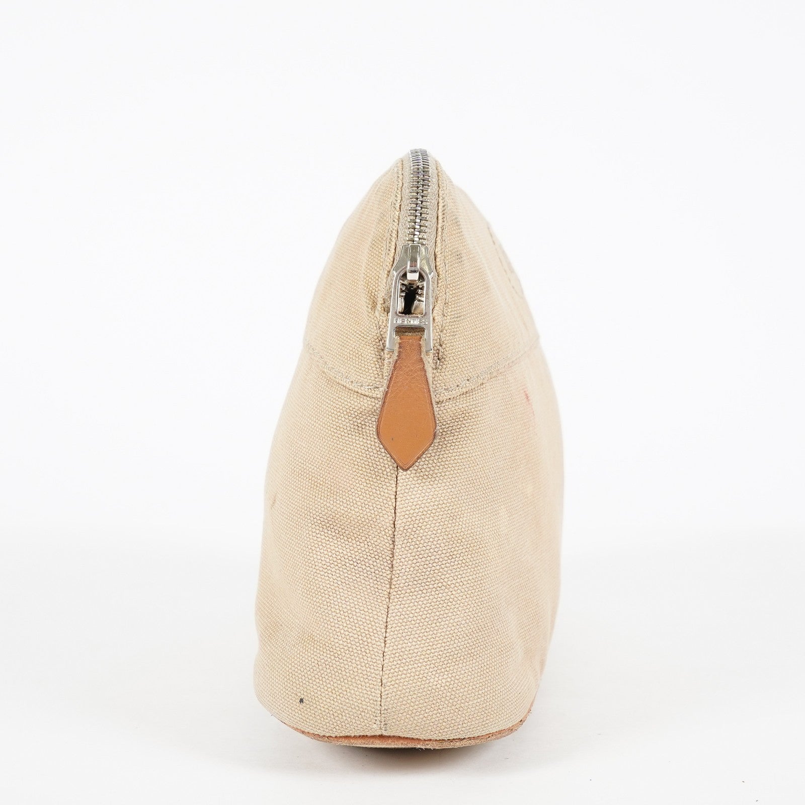 Hermes Bolide Pouch 21 Beige Canvas Leather Cosmetic Pouch Used 08E23495007