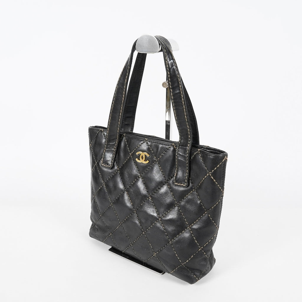 Chanel Wild Stitch Tote Bag Black Calfskin Leather CC Logo Used 07E077260010