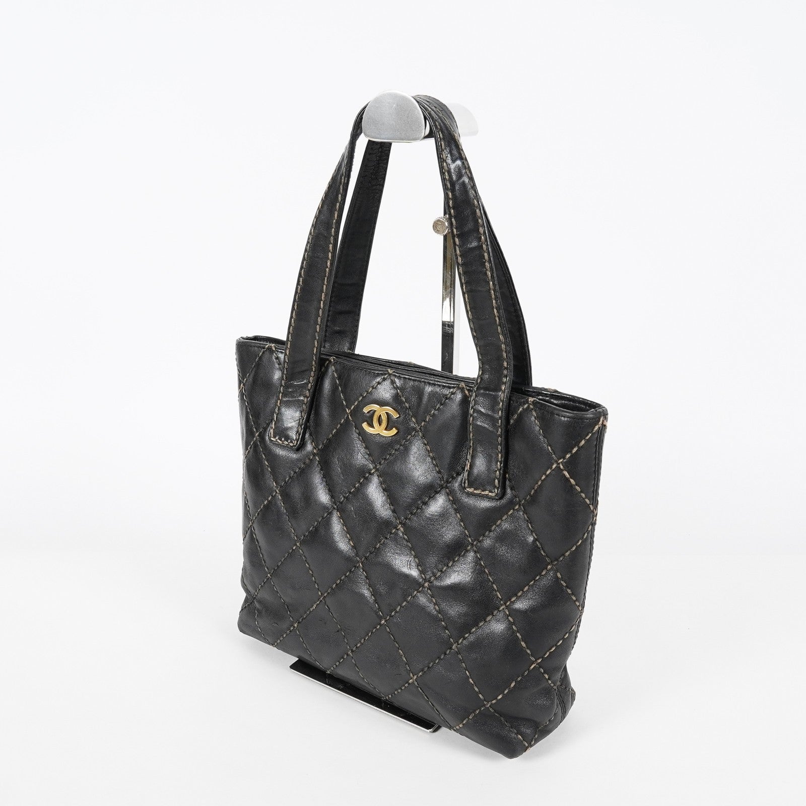 Chanel Wild Stitch Tote Bag Black Calfskin Leather CC Logo Used 07E077260010