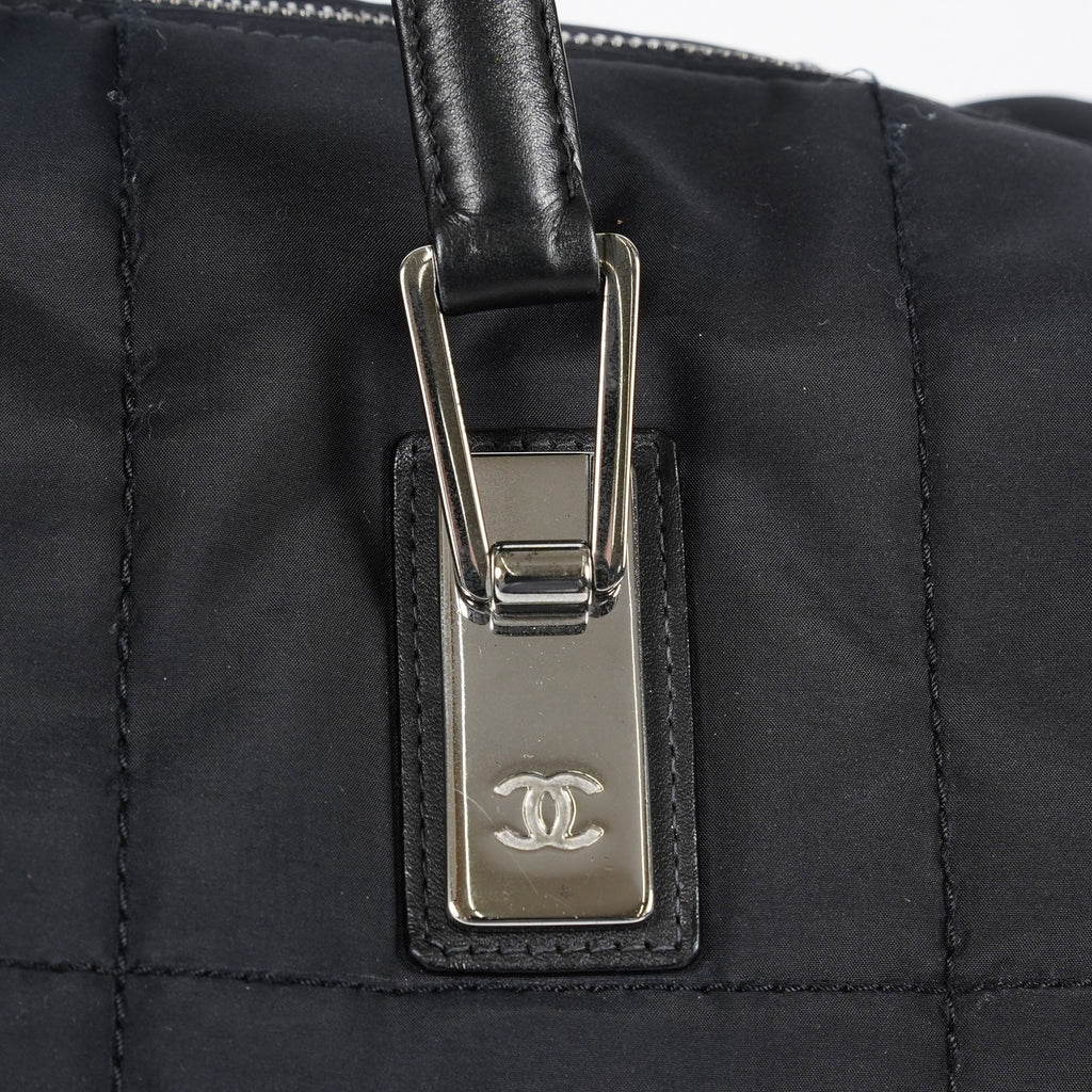 CHANEL Chocolate Bar Nylon Mini Boston Handbag Black Silver HW Used 07E314180008