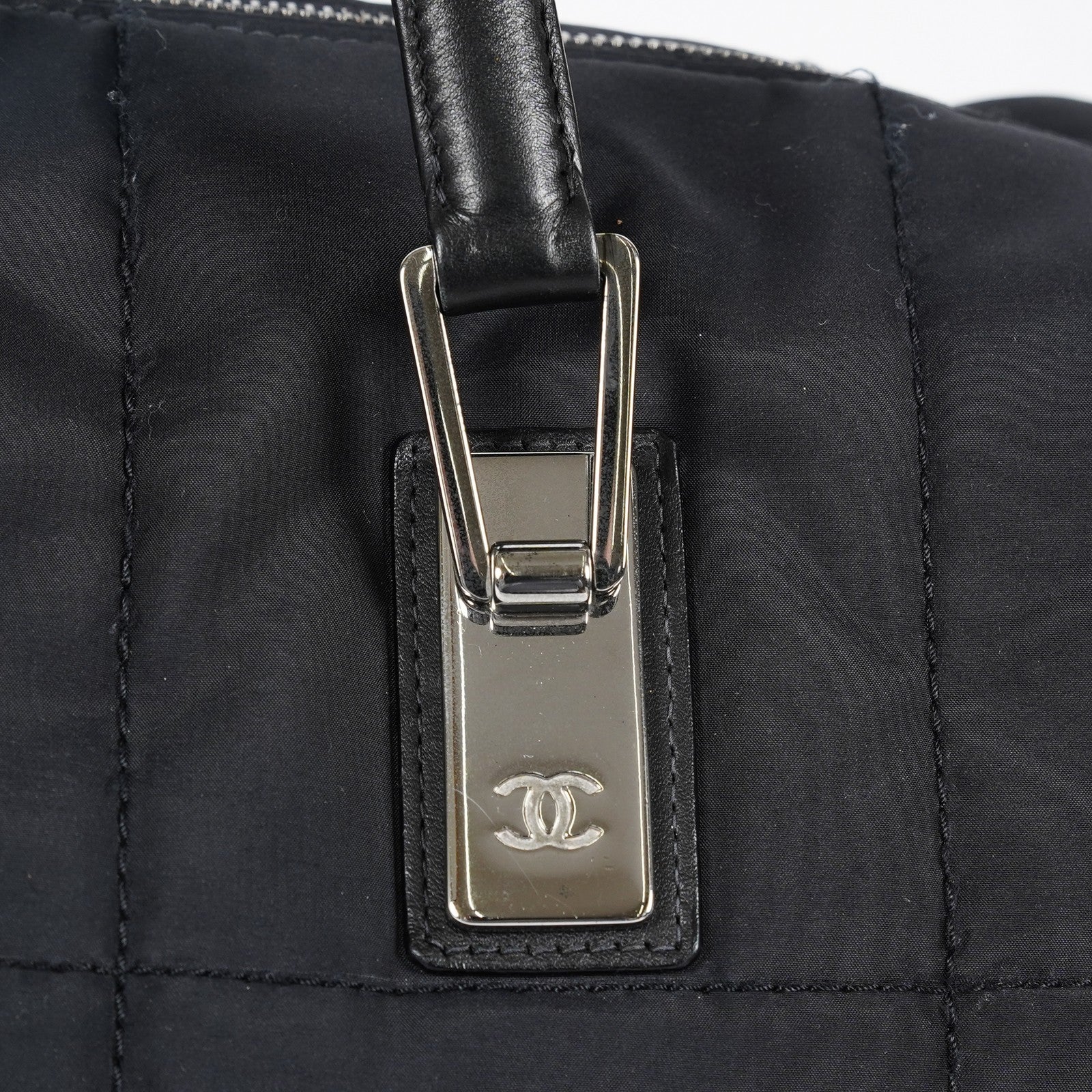 CHANEL Chocolate Bar Nylon Mini Boston Handbag Black Silver HW Used 07E314180008