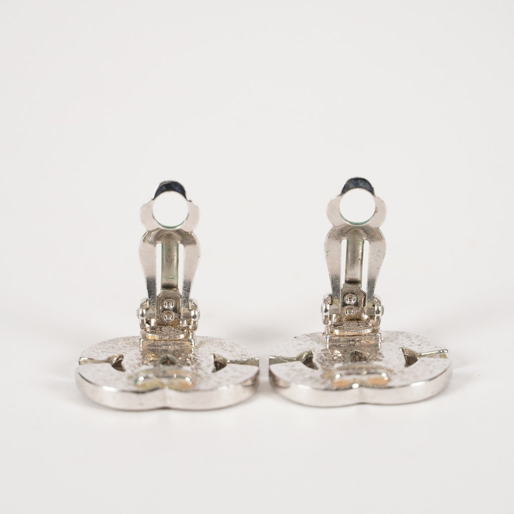 Chanel Coco Mark Rhinestone Bucket Earrings Silver Plated Women's 05E613300016