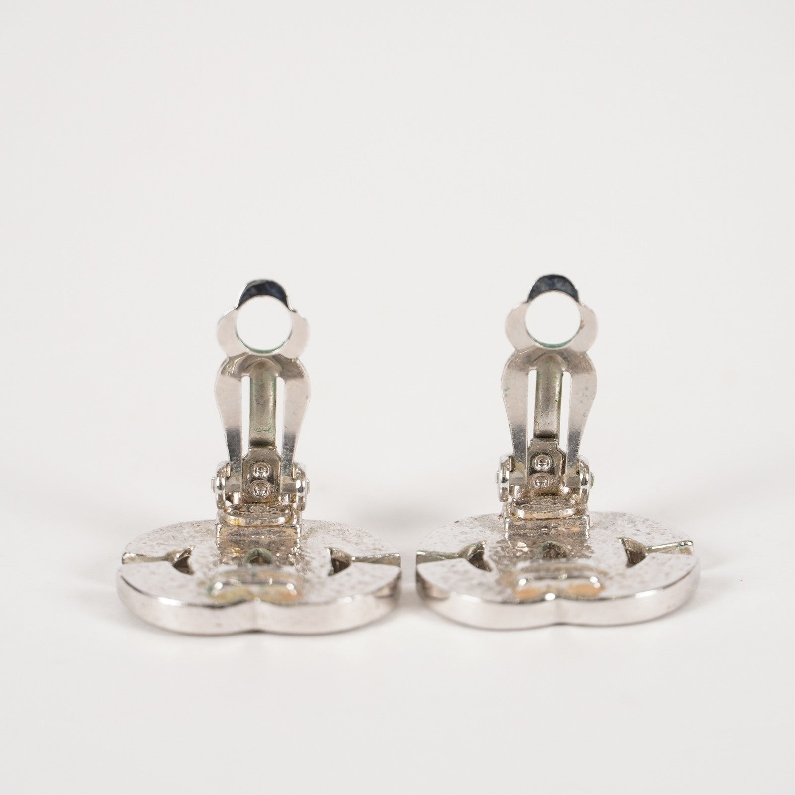 Chanel Coco Mark Rhinestone Bucket Earrings Silver Plated Women's 05E613300016