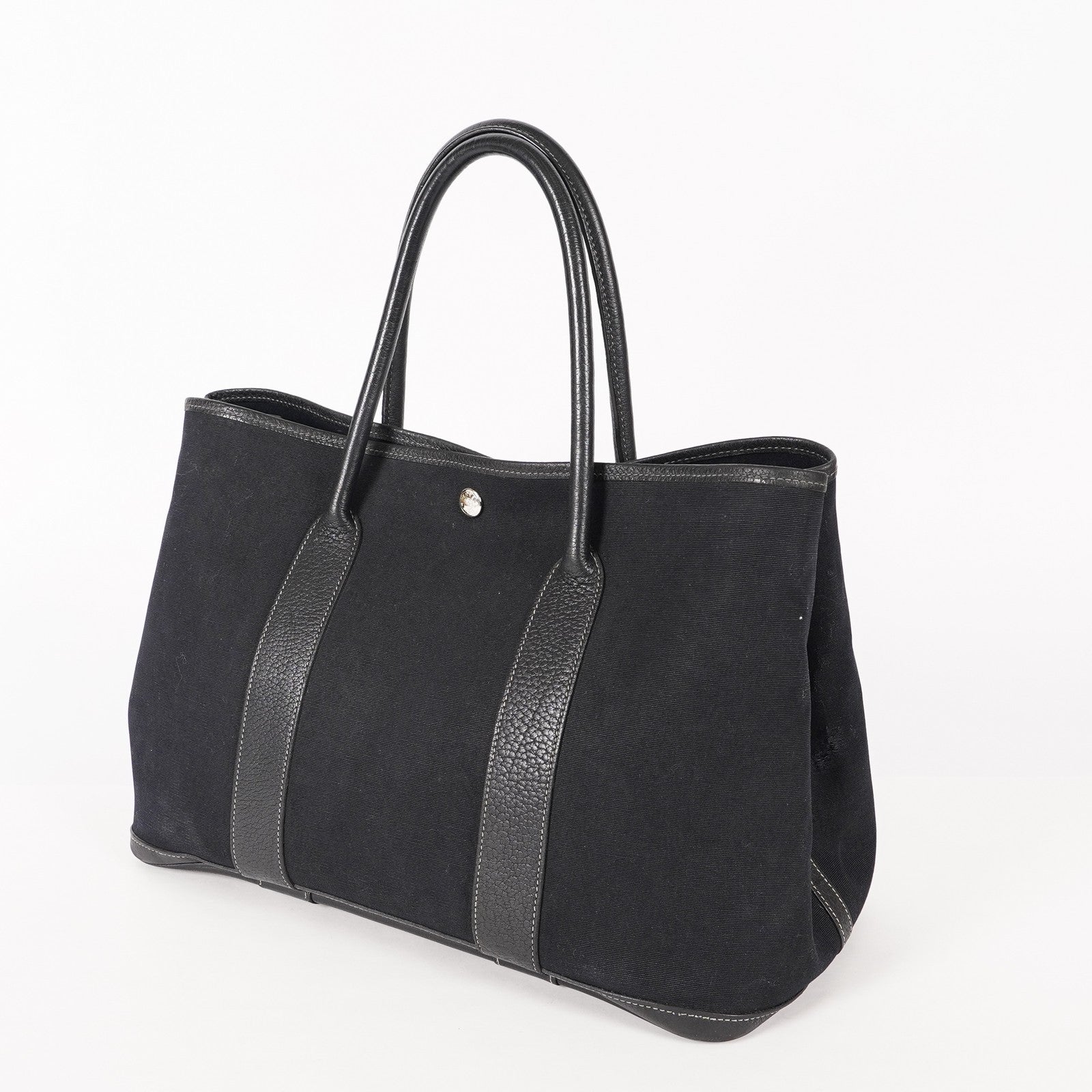 Authentic Hermes Garden Party MM Canvas Leather Tote Bag  black 02E036820003