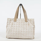 Chanel Travel Line Tote Bag Beige Nylon Leather Used Handbag 09M351246308