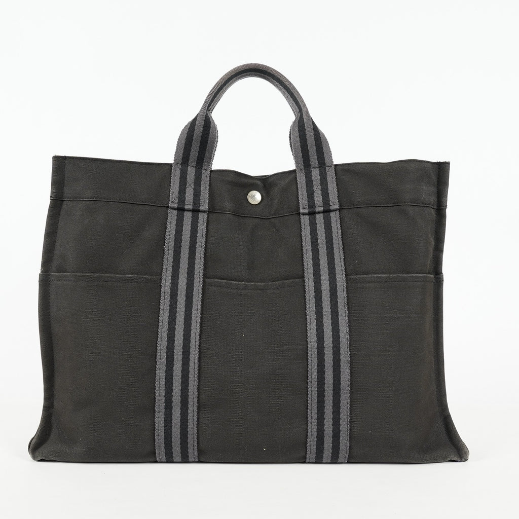 Hermes Fourre-Tout MM Black Canvas Leather Tote Bag Used Auth 09E02825011