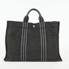 Hermes Fourre-Tout MM Black Canvas Leather Tote Bag Used Auth 09E02825011