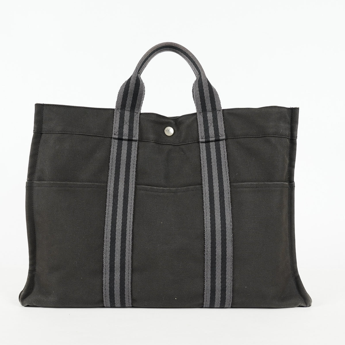 Hermes Fourre-Tout MM Black Canvas Leather Tote Bag Used Auth 09E02825011