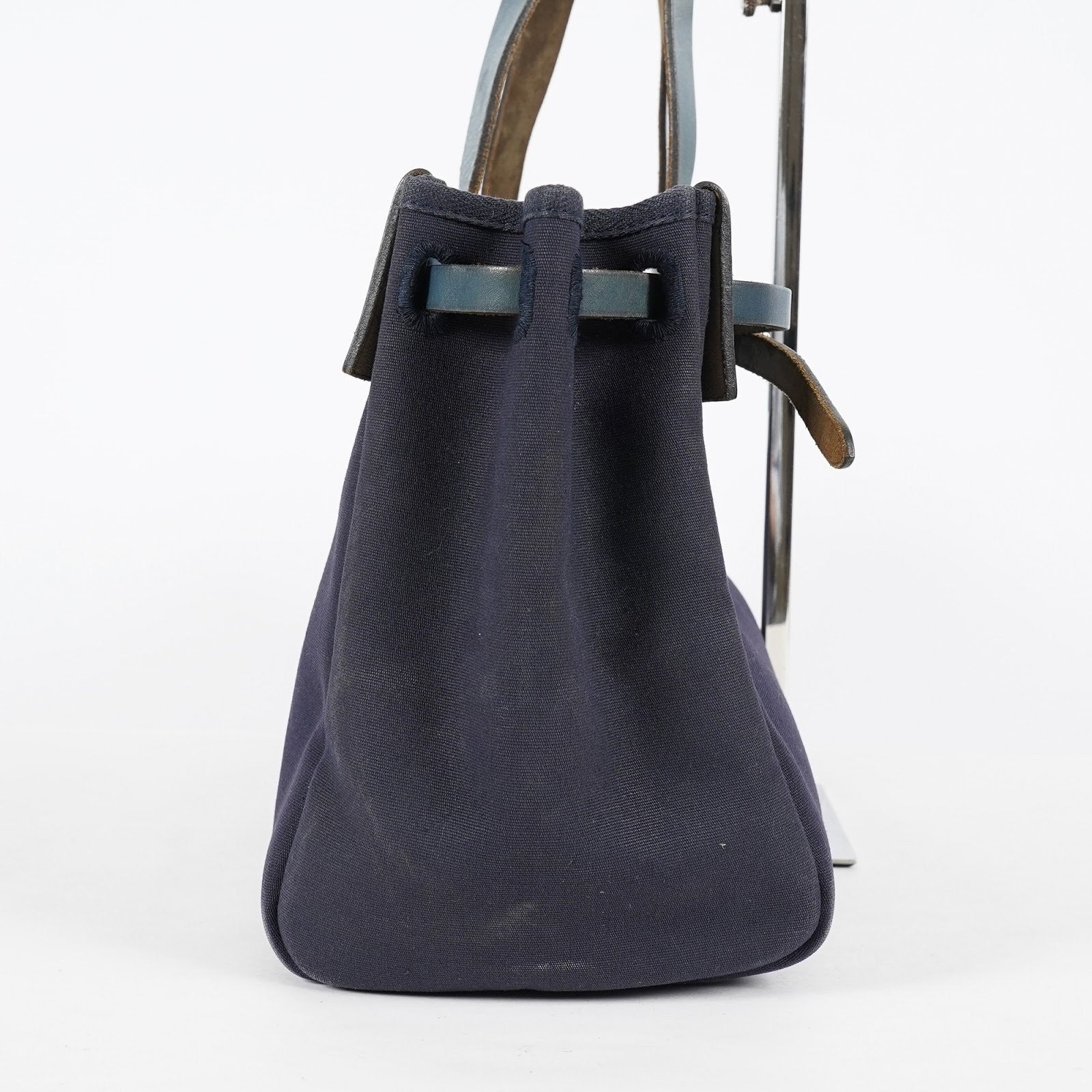 Hermes Herbag Cabas MM Navy Canvas Blue Leather Tote Hand Bag Used 08E043960012