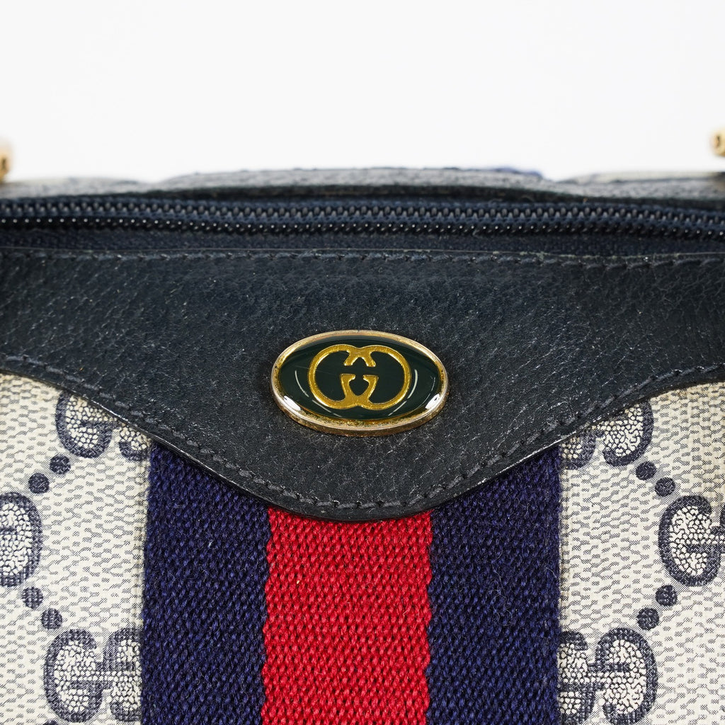 Gucci Vintage GG Supreme Sherry Web Mini Boston Bag Navy Leather 07E043410017