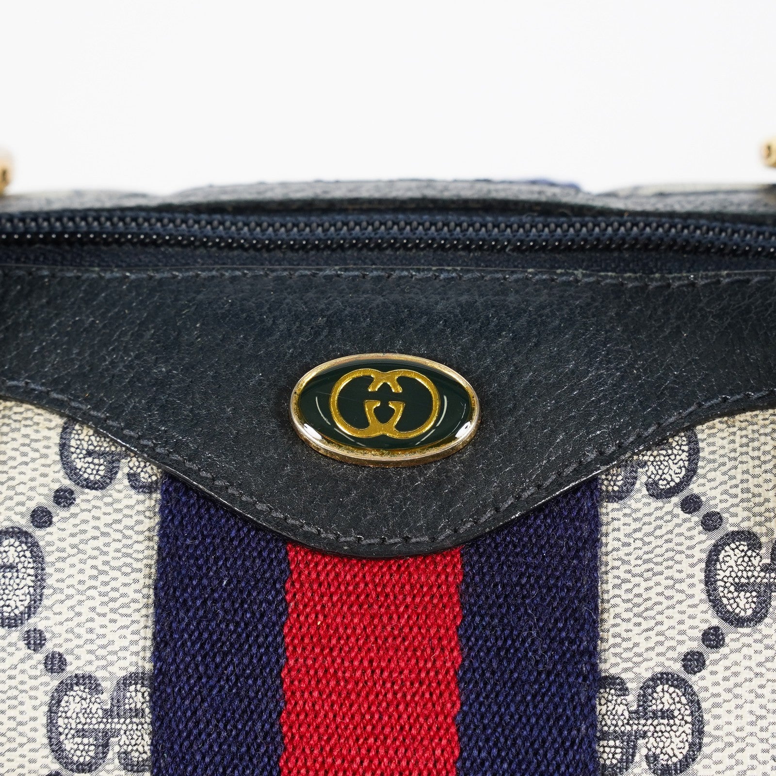 Gucci Vintage GG Supreme Sherry Web Mini Boston Bag Navy Leather 07E043410017