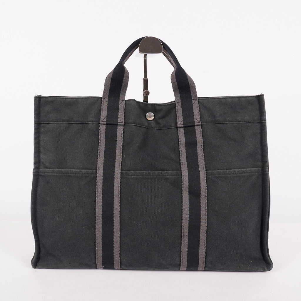 HERMES Fourre-Tout MM Black Canvas Tote Bag Hand Bag Purse Used 07A08605005