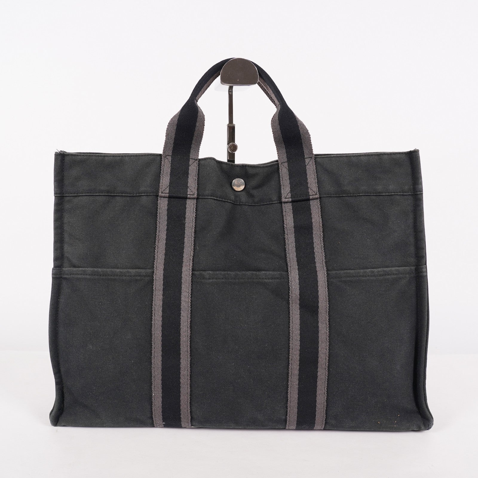 HERMES Fourre-Tout MM Black Canvas Tote Bag Hand Bag Purse Used 07A08605005