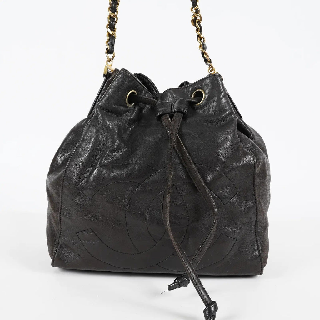 CHANEL Vintage CC Black Leather Drawstring Shoulder Bag 26cm Used 07E118580027
