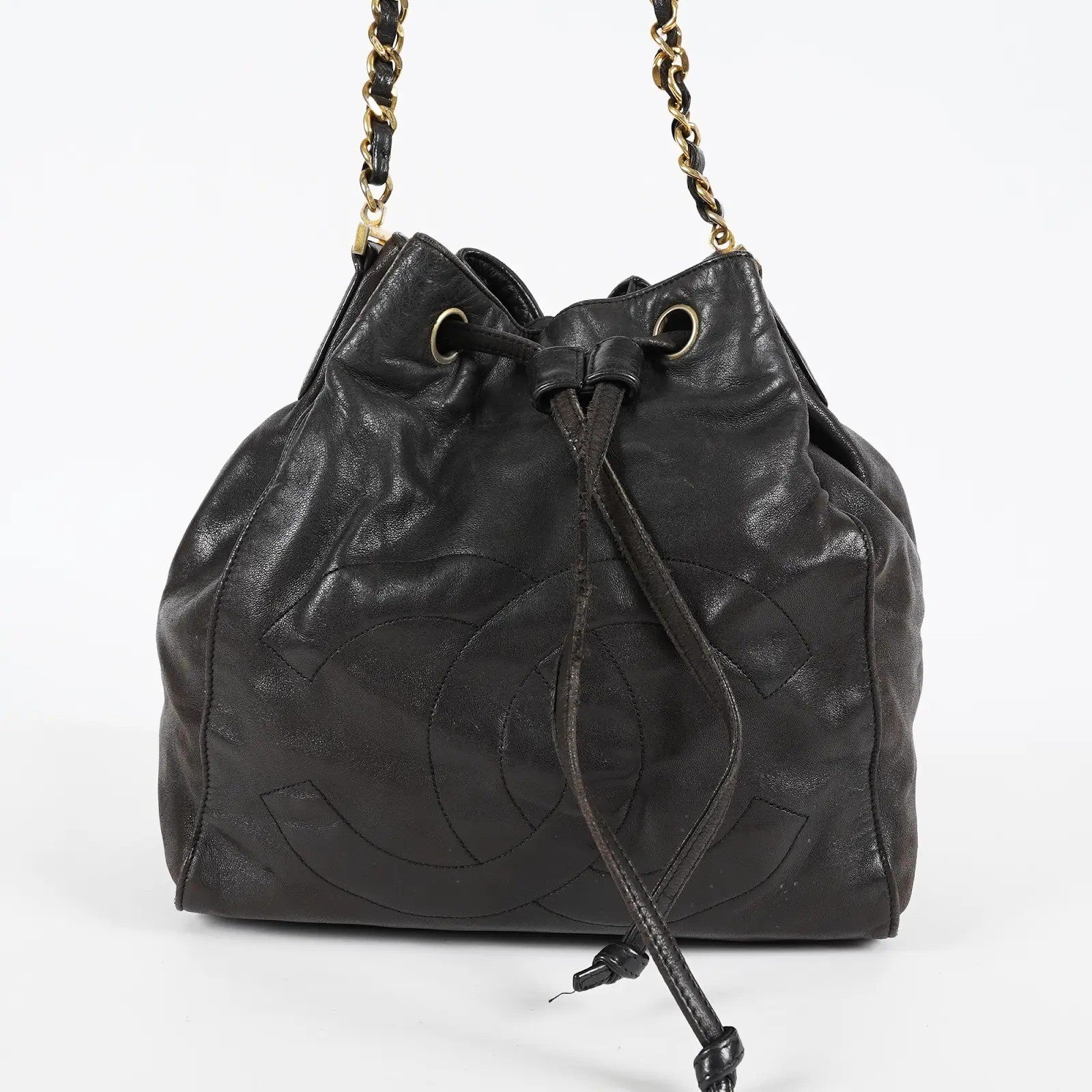 CHANEL Vintage CC Black Leather Drawstring Shoulder Bag 26cm Used 07E118580027